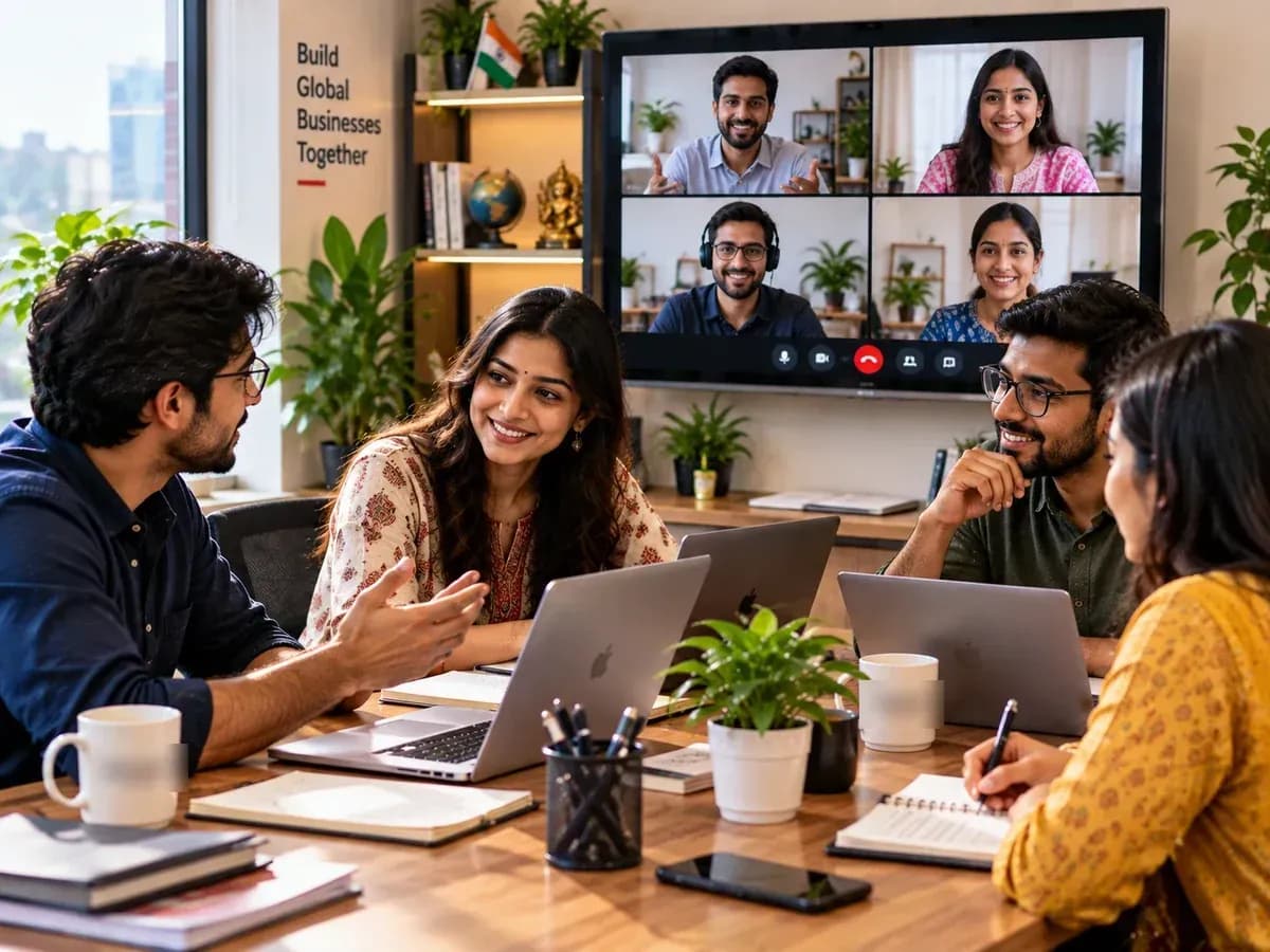 Small team meeting around a table with laptops, colleagues joining on a video call