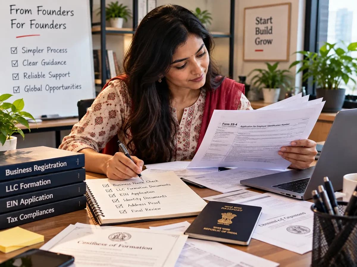 Founder working through a printed application checklist with a passport and formation papers on the desk