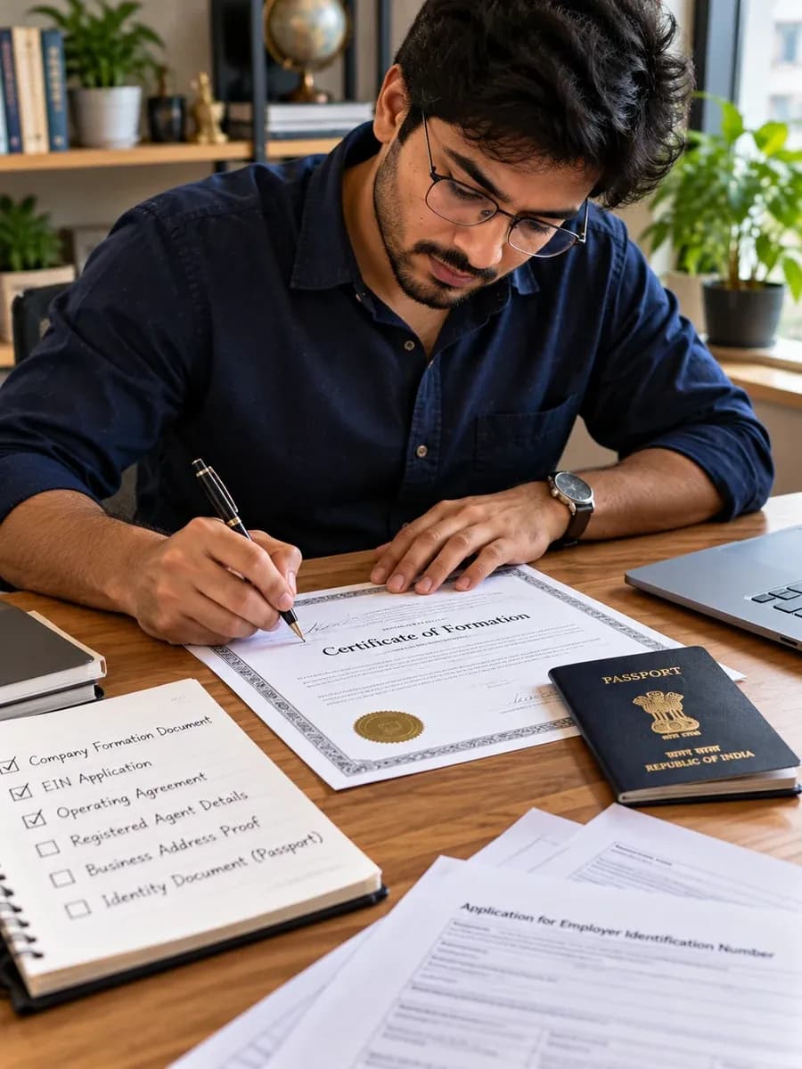 Founder signing a certificate of formation, with a passport and document checklist beside it