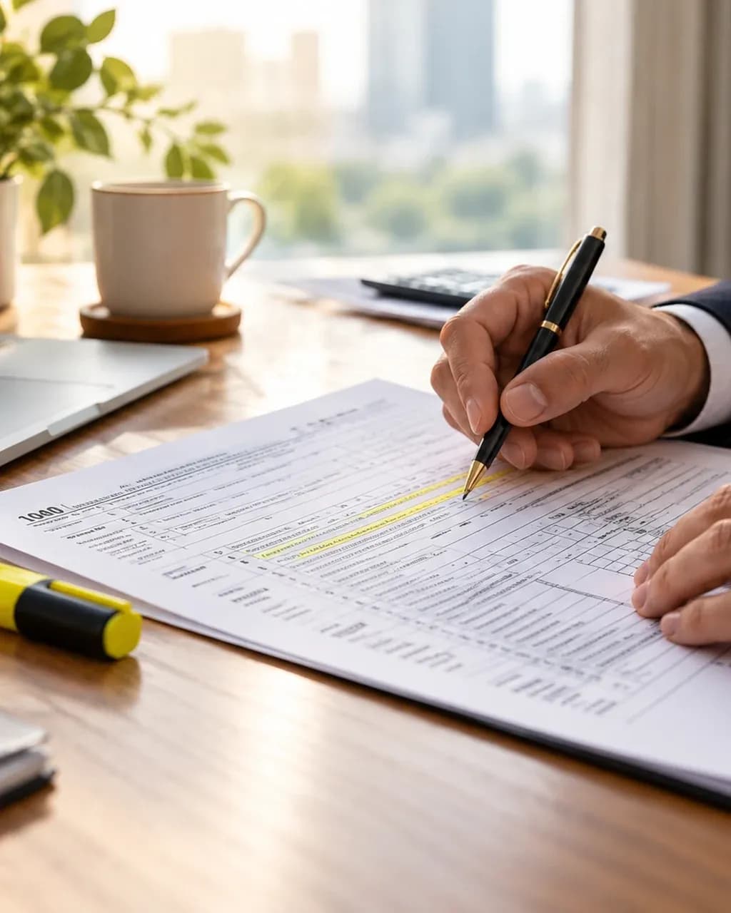 Hand checking a printed tax form line by line with a pen and highlighter