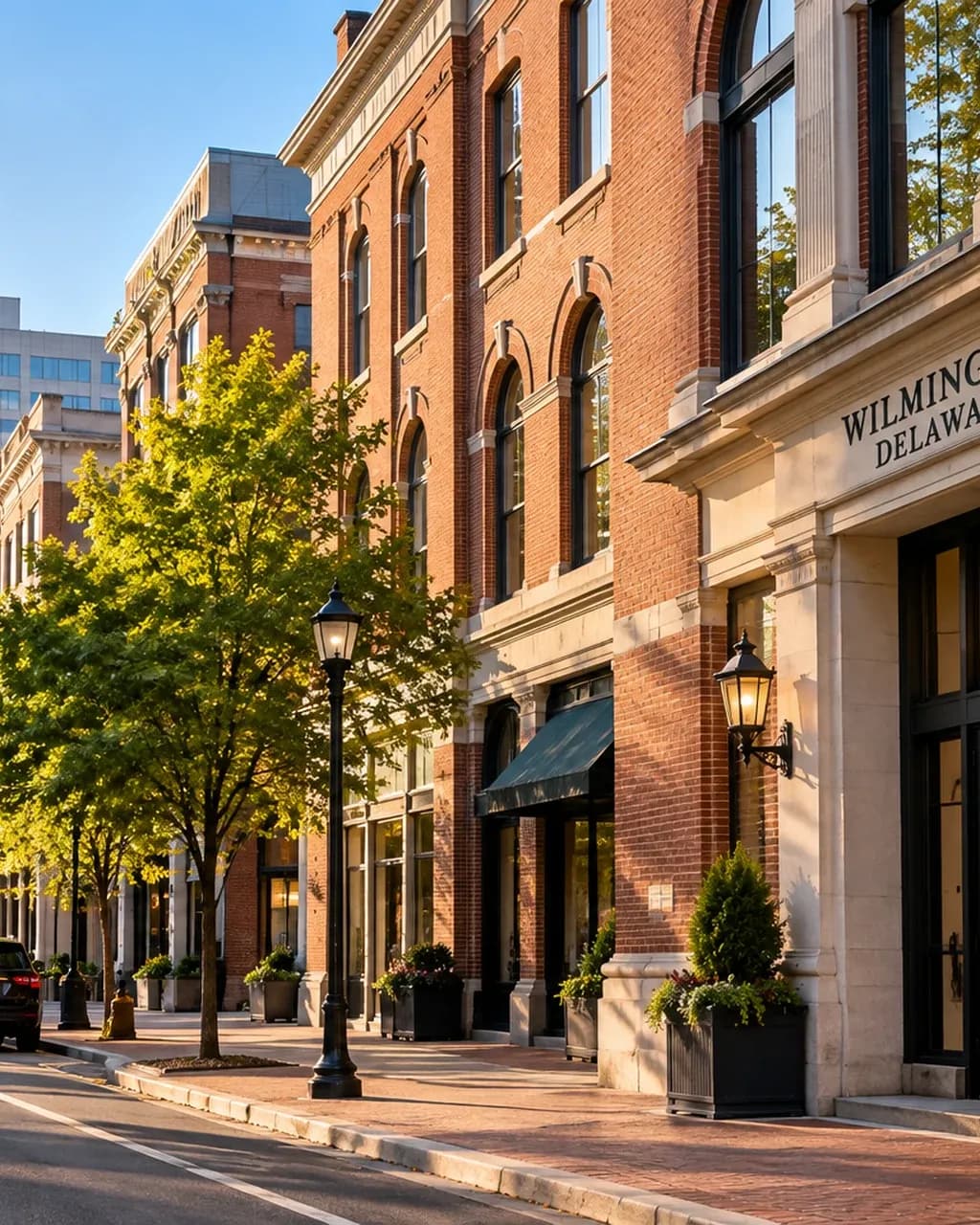 Brick office buildings on a tree-lined street in Wilmington, Delaware