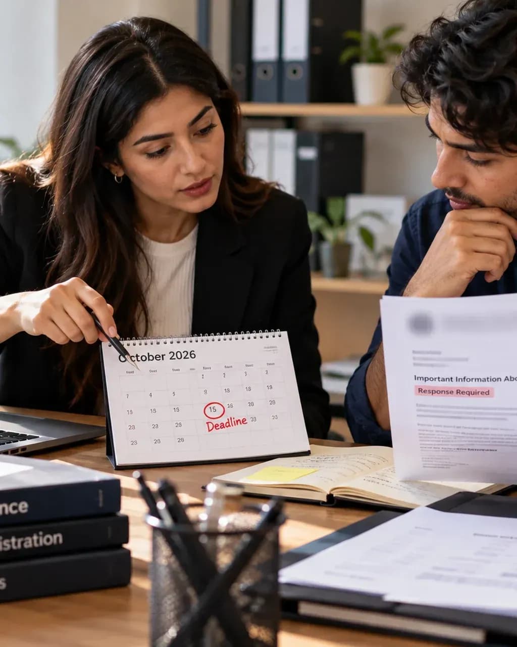 Two people reviewing a calendar deadline and a letter together