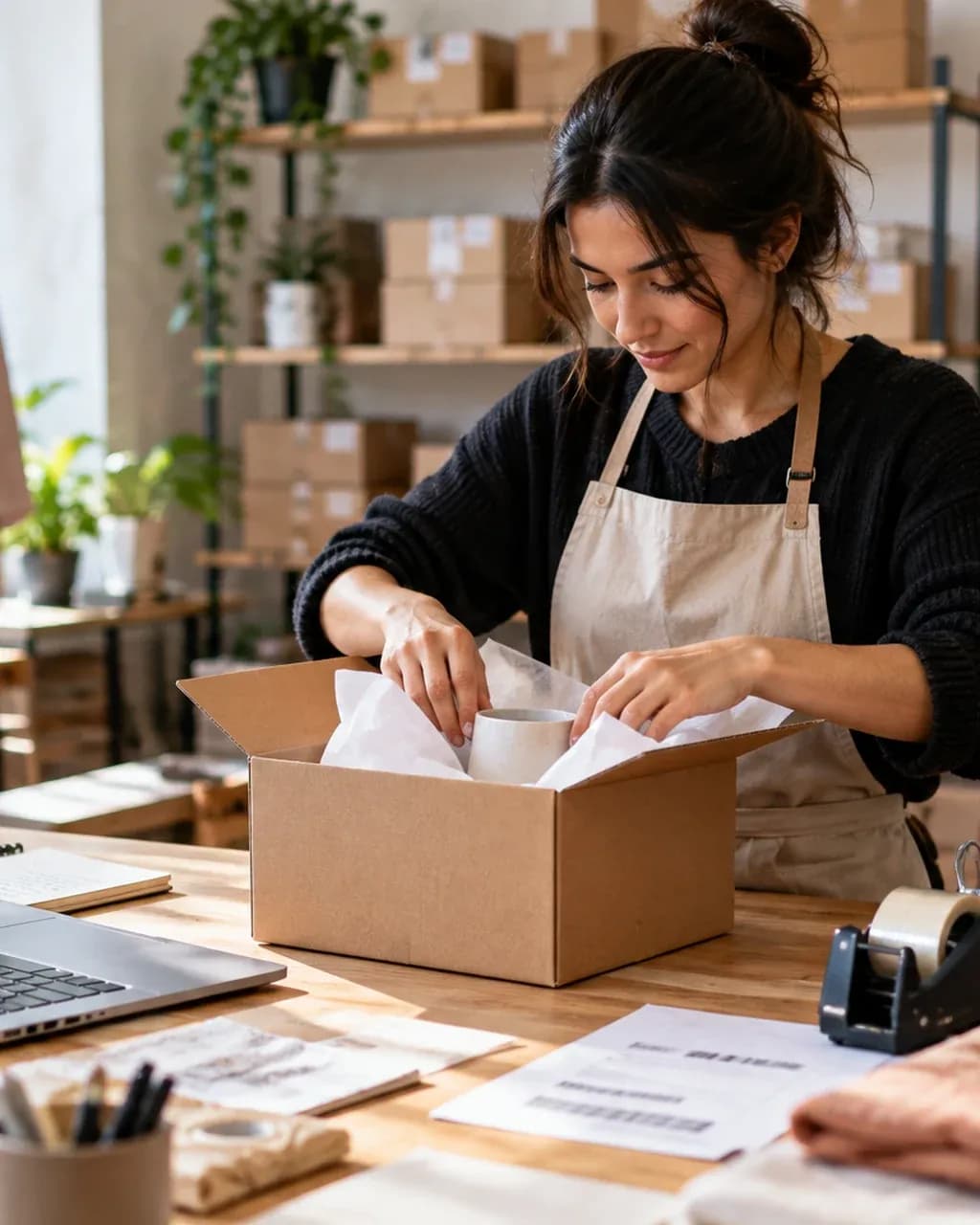 Online shop owner packing an order into a box at a workbench