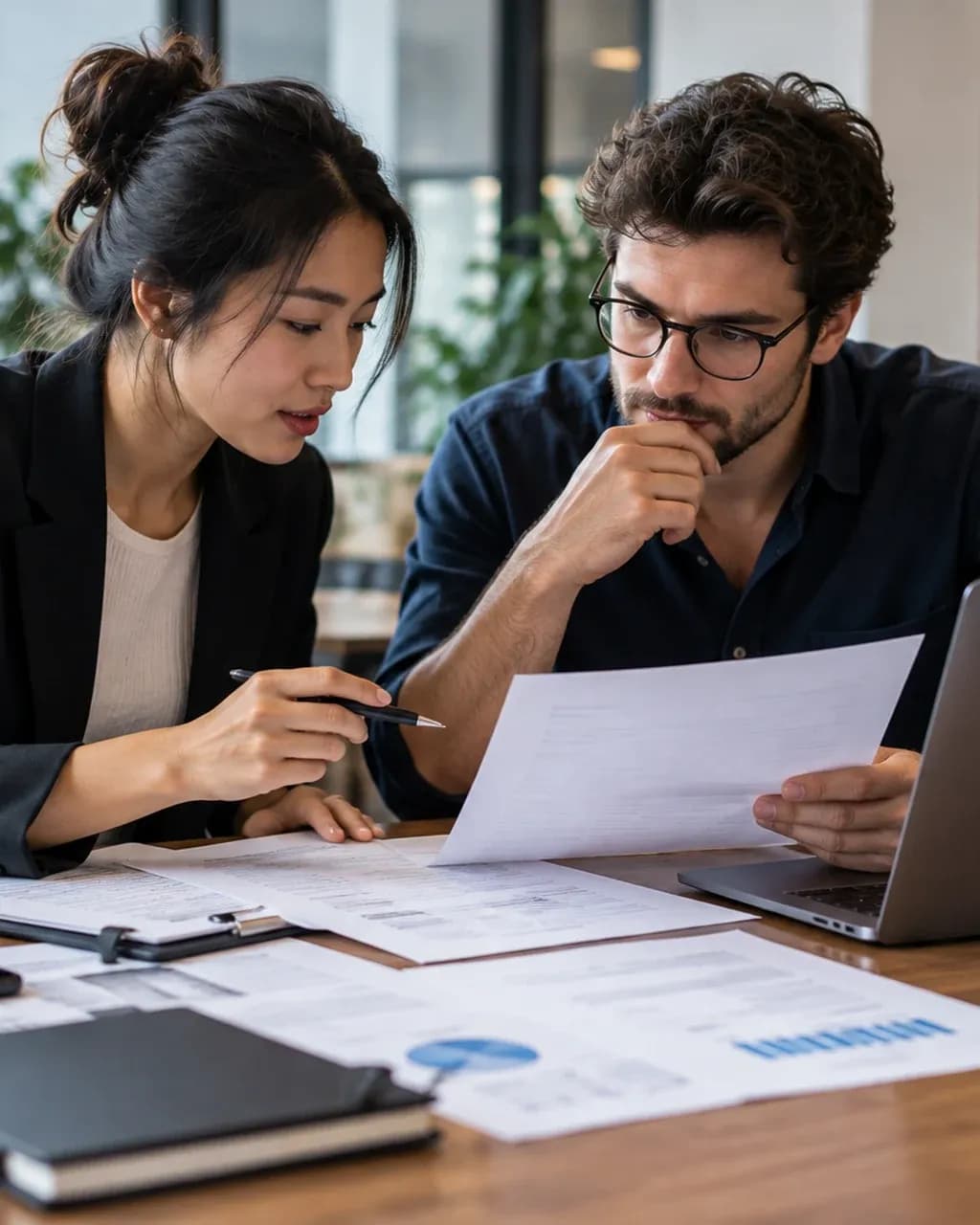 Two co-founders reviewing company documents together at a shared desk