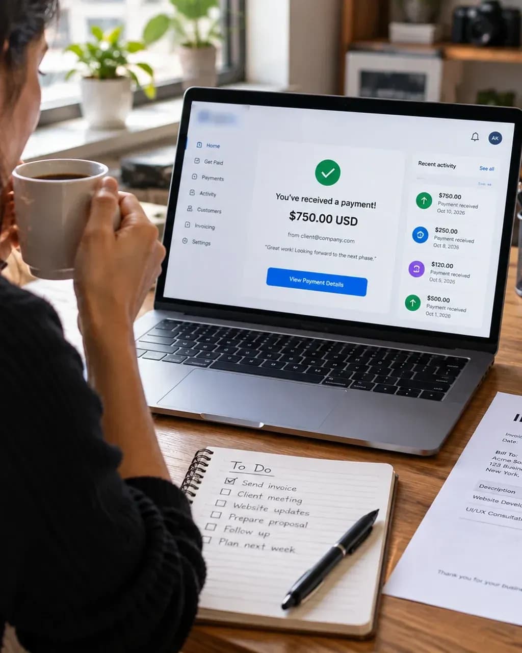 Freelancer with a coffee viewing a payment received notification on a laptop
