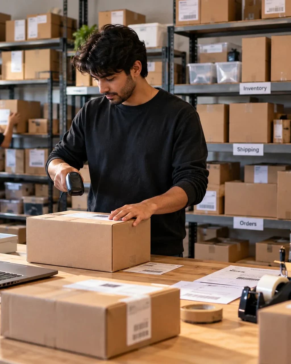 Seller preparing parcels in a small stockroom lined with labeled boxes