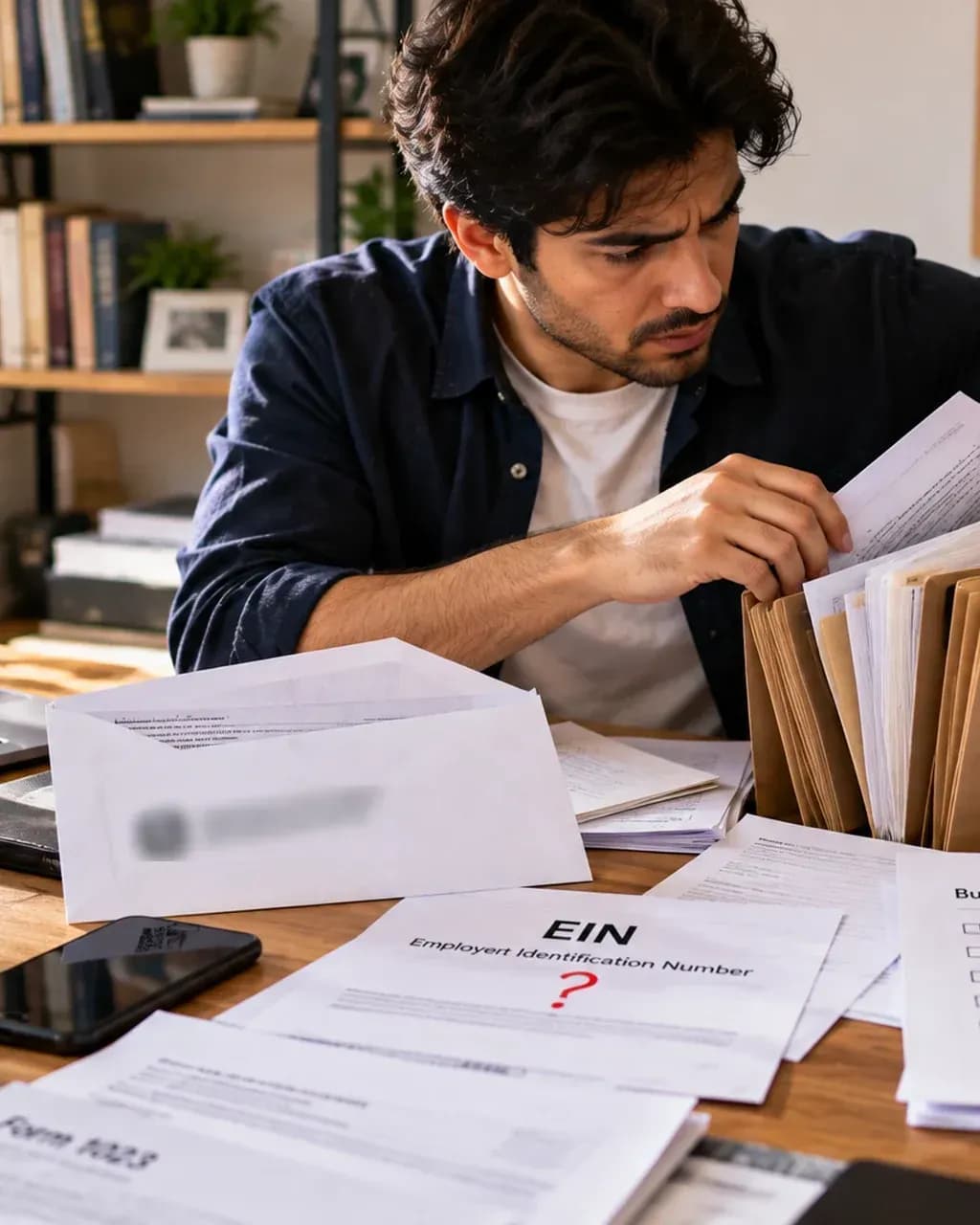 Person searching through a folder of papers and envelopes on a desk