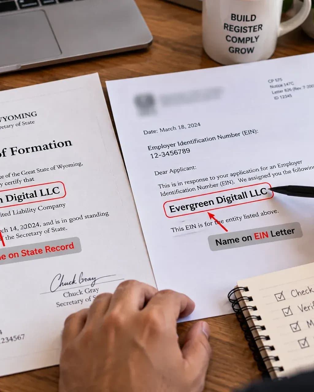 Formation certificate and an EIN letter side by side, with the company names compared