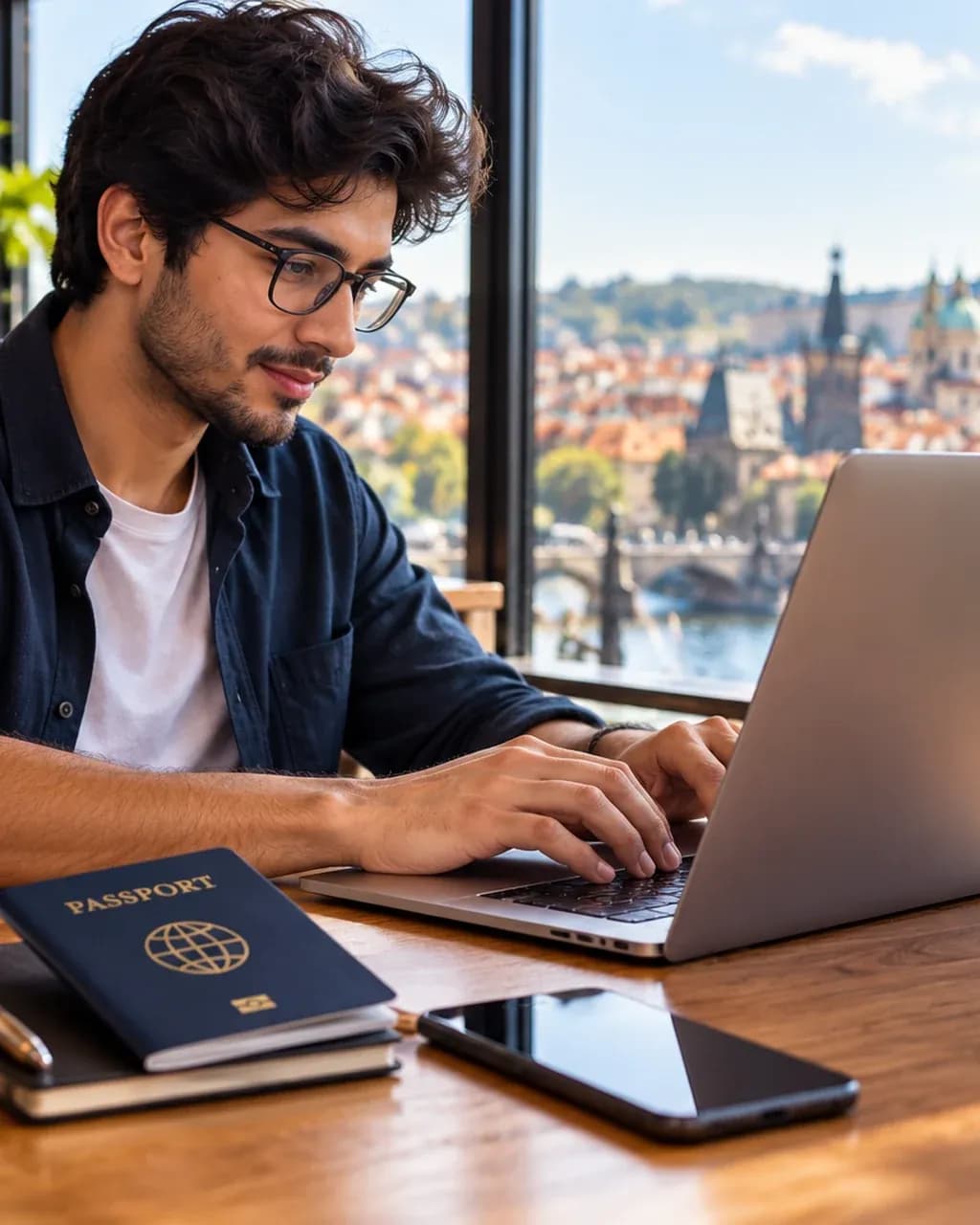 Founder working on a laptop by a window abroad, passport and phone on the table