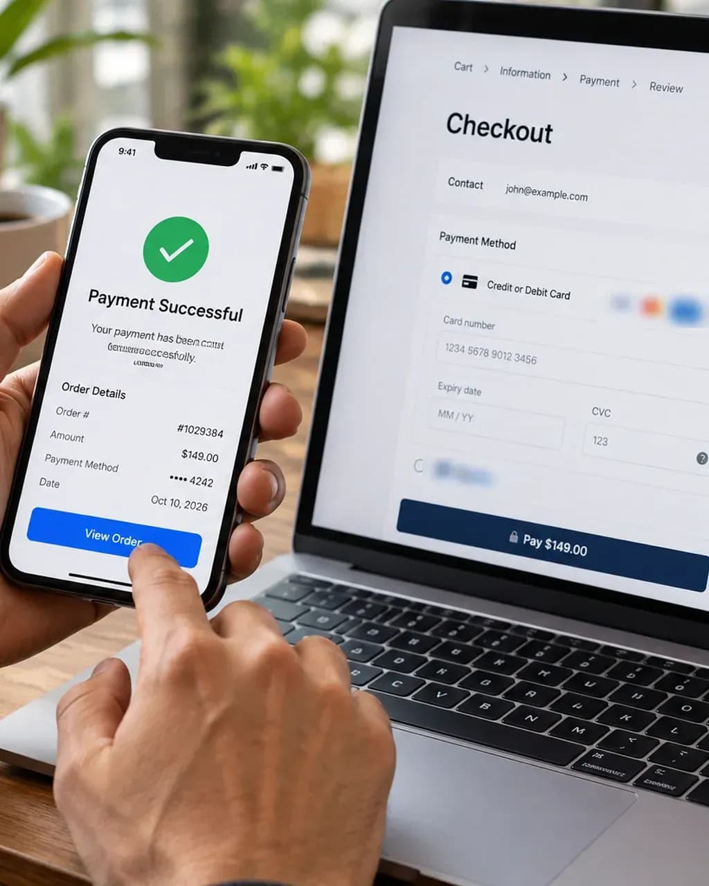 Phone showing a successful payment next to a laptop checkout page