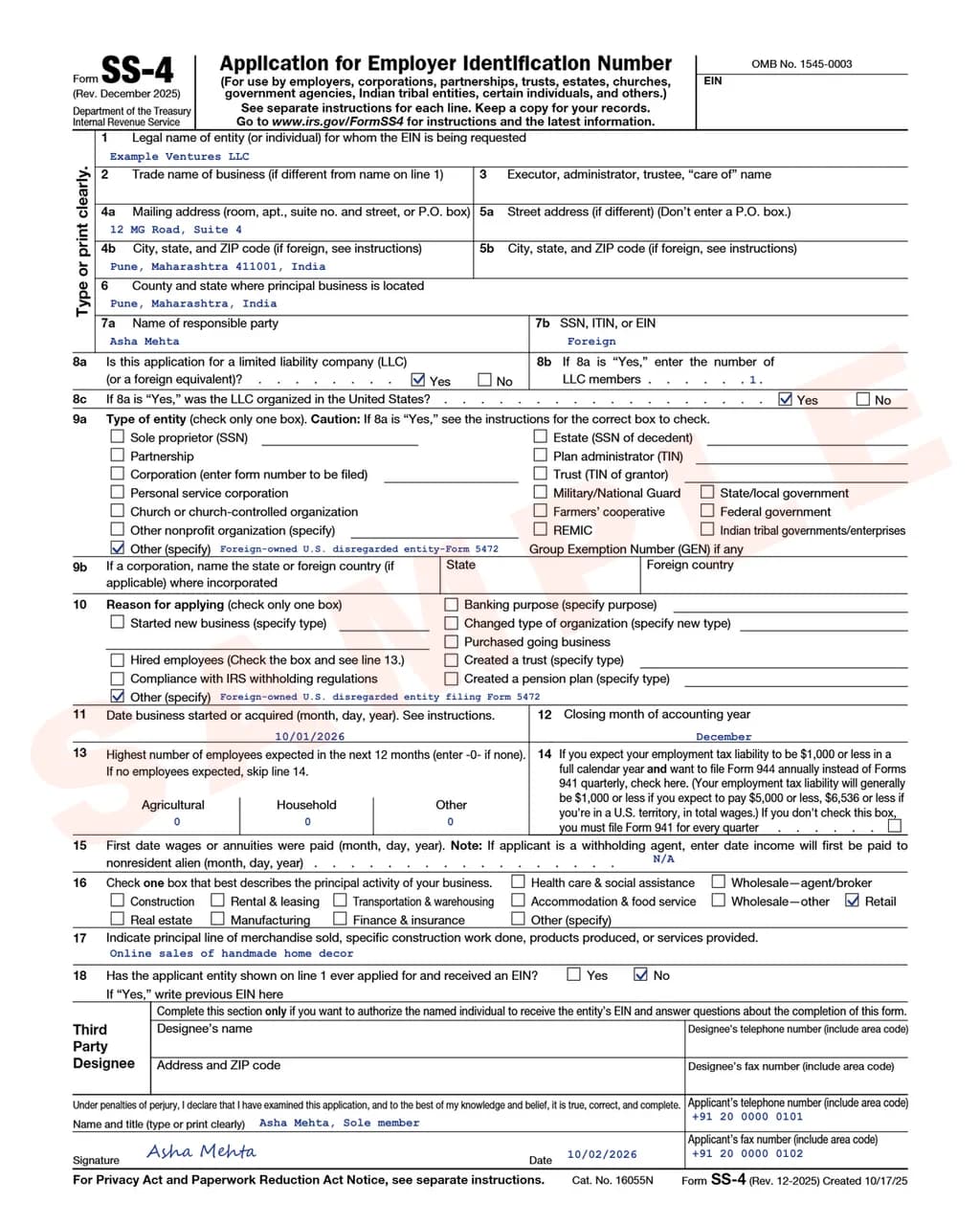 Sample Form SS-4 (Rev. December 2025) filled in for a foreign-owned single-member LLC, with “Foreign” on line 7b and the Form 5472 entry on line 9a