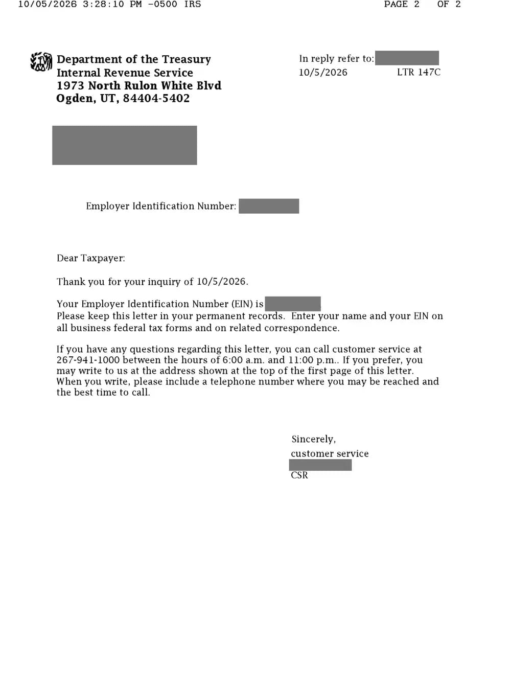 Sample IRS Letter 147C confirming an employer identification number, with the recipient, EIN and reference numbers blacked out