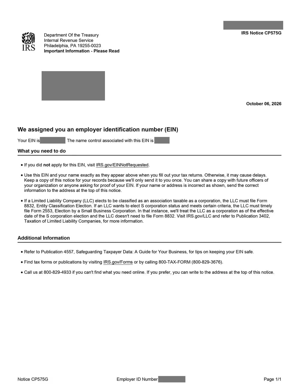 Sample IRS Notice CP 575G "We assigned you an employer identification number", with the recipient, EIN and barcode blacked out